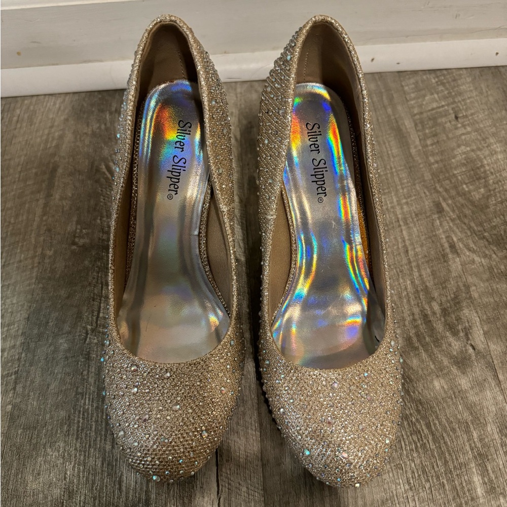 New, gold sparkling heels